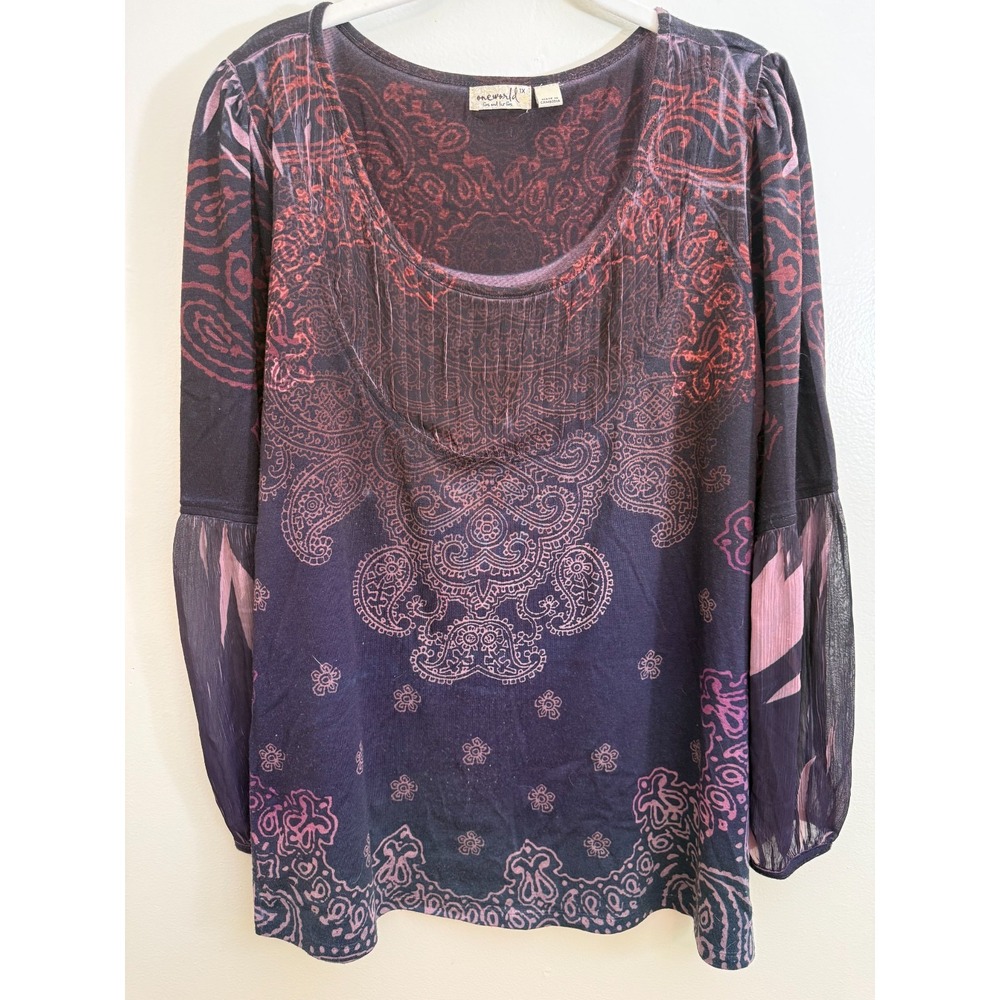Emerald Brand Womens Blouse Plus Size 1X Boho Artsy purple colors Long sleeves